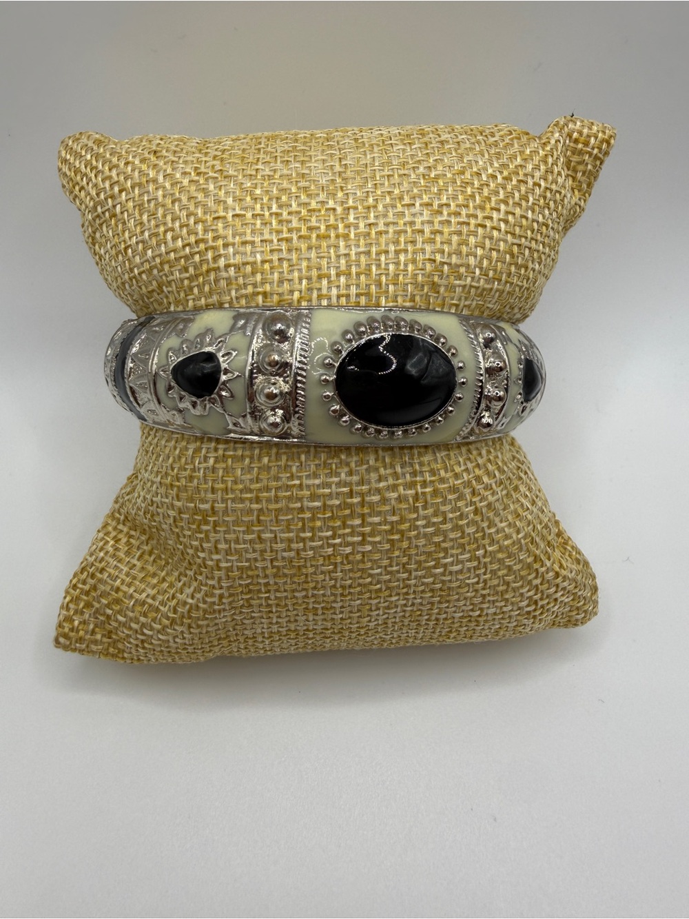 Boho Silver & Off-White Enamel Wide Hinged Cuff Bracelet Black Oval Stone